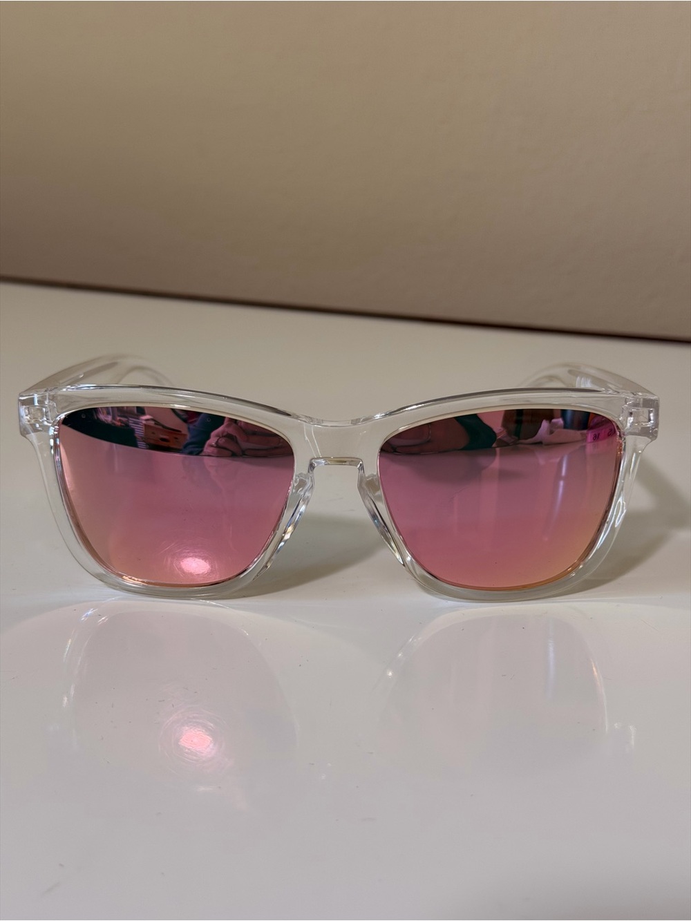 Clear Frame Sunglasses with Pink Mirrored Lenses